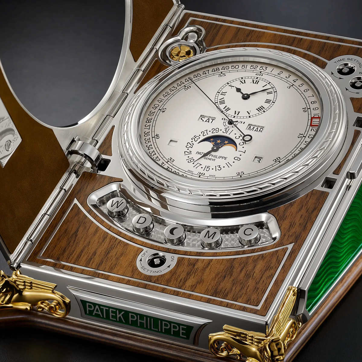 Patek Philippe pocket watch with wooden case and detailed face